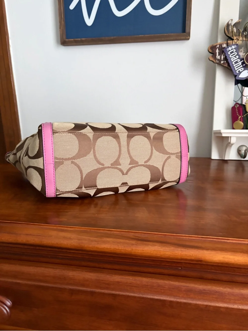 Coach Brown Signature Canvas Tote with Pink Trim Tattersall Lining *READ*